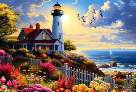 To the Lighthouse - clouds, flowers, coast, digital, artwork, sea, cottage, sky