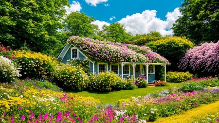 Flower Cottage - cottage, flowers, house, roof, summer, spring, yard, lawn