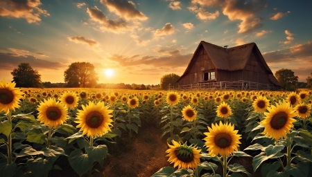 Sunflowers hut - clouds, house, summer, sunflowers, sunset