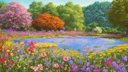 Flowers At The Pond - blossoms, trees, water, digital, colors, spring, art