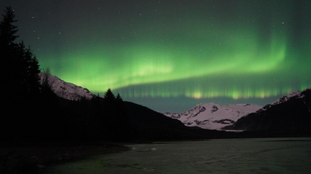 Aurora over Mendenhall lake tonight, Juneau, Alaska - colors, hills, mountains, sky, usa