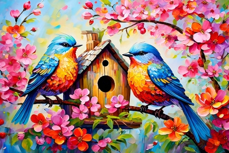 Enjoying Springtime - bird, cherry blossom, spring, springtime