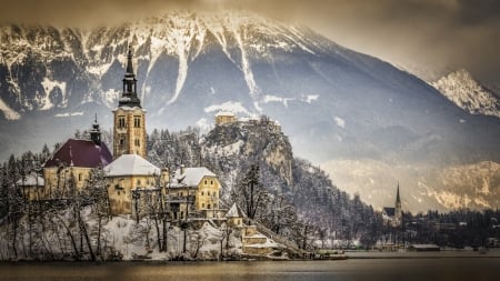 lake bled - trees, winter, snow, forest, church, mountains, cluffs, rocks