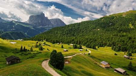 Italy, Dolomites - trees, nature, dolomites, landscape, italy, mountains, forest, clouds, architecture, houses