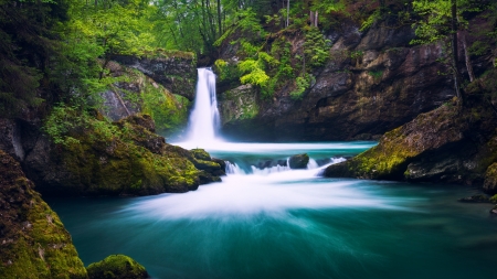 Waterfall of River Thur, Switzerland - cascades, rocks, trees, water