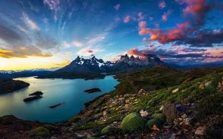 Torres del Paine, Chile - clouds, lake, rocks, sky, stones, water