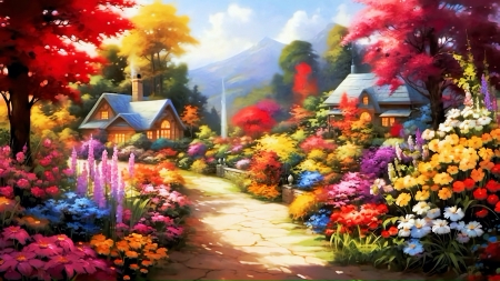 Cozy Homes - colors, houses, gardens, flowers, digital, artwork