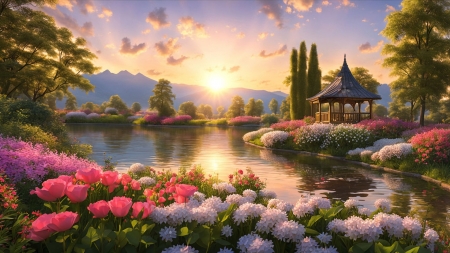 Peaceful Evening At Sunset - flowers, trees, nature, sunset, gazebo, digital, artwork, lake