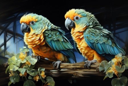 Two parrots are sitting on a tree branch - faag, ketto, papagaj, ules, viragok
