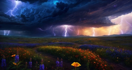 Lightning over the field - mezo, sotet felhok, tajkep, termeszeti taj, villamlas, viragok