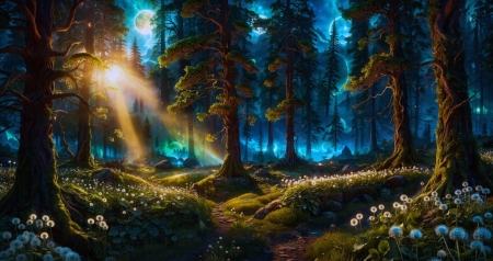 Light in the forest - erdo, fak, napfeny, tajkep, tavasz, termeszeti taj, viragok