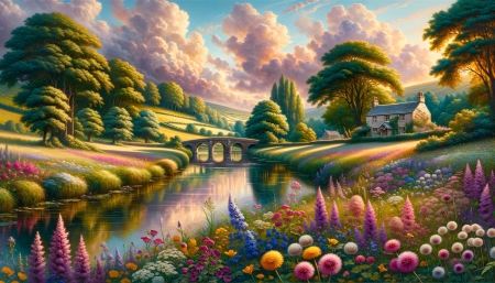 Vivid landscape with river,stone bridge,cottage and colorful flowers - elenk szinek, elenk taj, fak, felhos, folyo, haz, kohid, napnyugta, novenyzet, nyaralo, szines viragok