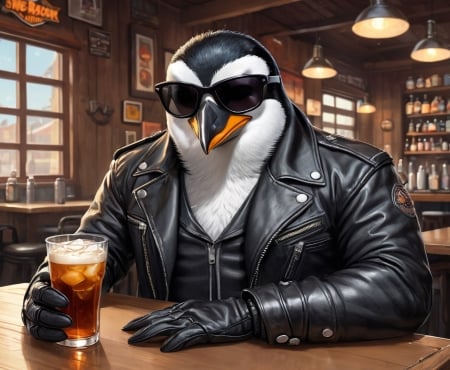 A Badass Harley Davidson Biker Penguin Enjoying a Refreshing Glass of Sweet Tea at a Biker Bar :)