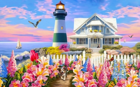 At The Ocean - clouds, cottage, fence, flowers, lighthouse, sailboat, sea, sky
