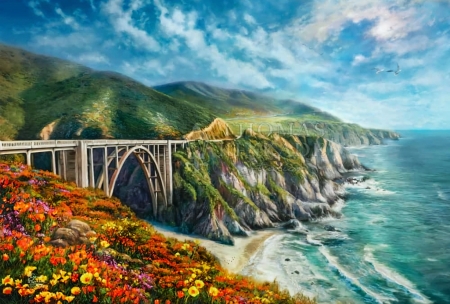 Big Sur, California - artwork, bridge, clouds, coast, flowers, hills, ocean, pacific, painting, rocks, sky