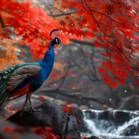 Colorful peacock under a Japanese red maple tree