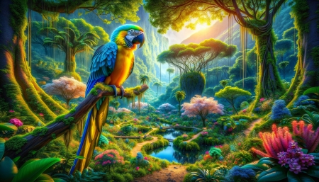 A colorful parrot sits on a tree branch in the jungle - csor, dzsungel, elenk szinek, faag, hegyek, novenyzet, papagaj, szines tollazat, termeszet, ules