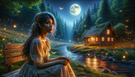 A quiet summer night with a nice girl next to a cozy wooden house and a peaceful forest - bekes, erdo, fahaz, fak, folyo, kedves, lany, nyari ejszaka, padon ules, szentjanosbogarak, telihold