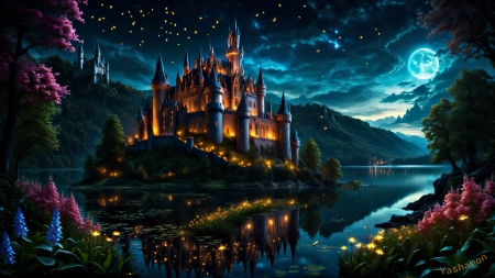 Castle On the Island - castle, island, moon, night