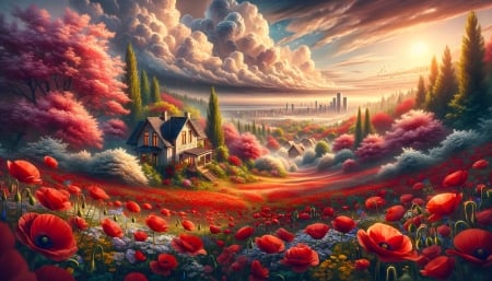 Spring house with a field of red poppies around it - tavaszi haz, pipacsmezo, viragzo fak, piros, szines, elenk szinek, felhok, hazak, erdo