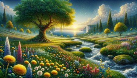 A peaceful place where there is silence, the grass is green and the dandelions are yellow - bekes hely, csobogo patak, erdo, fak, pitypang, sarga virag, viragok, zold fu, zuhatag