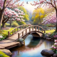 Magnificent blooming magnolia trees surround the arched wooden bridge over the babbling brook.