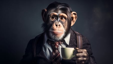 :) - fantasy, coffee, funny, maimuta, ape, chimpanzee, monkey, cup, primate