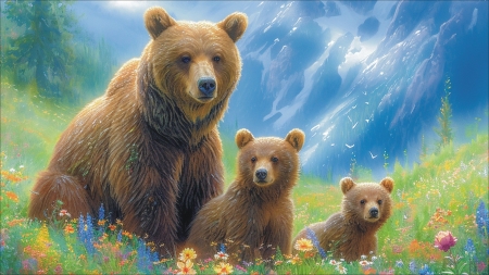 Bears - bear, pictura, urs, animal, painting, green, brown, family