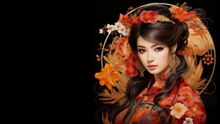 Princess - red, face, asian, orange, art, flower, earrings, girl, black, fantasy, princess