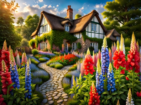 Cottage - cottage, flowers, garden, house