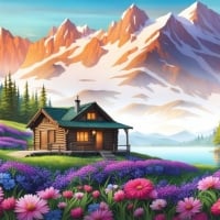 Mountain cabin with summer flowers.