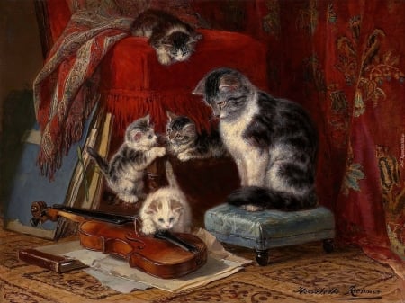 :) - henriette ronner knip, kitten, painting, pisici, art, cat, violin, pictura, instrument, red