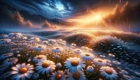 A meadow with blooming daisies early in the morning, when the dew is glistening! - csillog, egbolt, fak, felhok, harmat, mezo, napfeny, reggel, ret, viragok