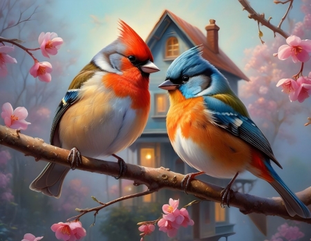 Colorful birds - faag, haz, kodos este, rozsaszin viragok, szines madarak, termeszet, ules