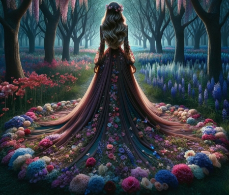 Girl in the enchanted forest - elenk szinek, elvarazsolt, erdo, fak, lany, szines viragok, taj