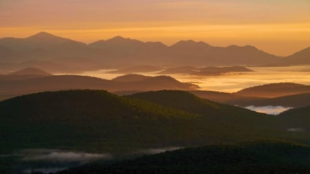 Golden Adirondack Layers - usa, hills, fog, new york, sunrise