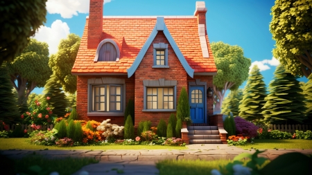 House with garden - art, cottage, digital, flowers, trees
