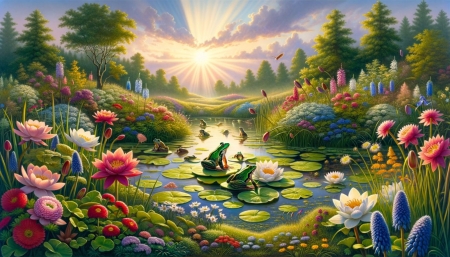 Frog Lake - bekato, erdo, fak, napfeny, novenyzet, ret, szines viragok