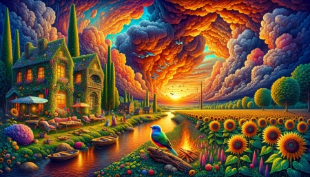 Colorful village with sunflower field - novenyzet, naplemente, fak, napraforgomezo, szines felhok, hazak, erkely, folyo, ules, falu, csonak, szines taj, madarka, elenk szinek