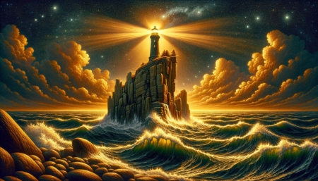 A lighthouse stands atop a rocky cliff at dusk - alkonyat, aranyhullamok, csillagos egbolt, jelzofeny, szika, tenger, vilagit, vilagitotorony