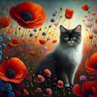 A Persian cat in the field of poppies