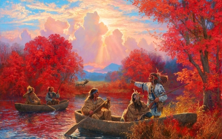 Cherokee Valley  - artwork, autumn, boat, colors, natives, painting, trees