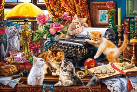 Kitten on the desk - books, cats, flowers, lamp, painting, typewriter