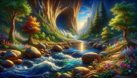 River flow- A stunning landscape with bright colors - aramlas, barlang, elenk szinek, fak, fenyok, folyo, hegyek, kovek, napfeny, rtdo, szines viragok, tajkep, ut, zuhatag