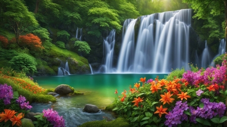 A beautiful  waterfall in the middle of an idyllic green landscape - elenk szinek, fak, nyugodt vizeses, szines viragok, tavacska, viragok, zold tajkep