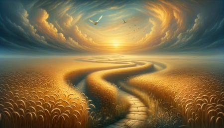 Rustling wheat field - buzamezo, felhok, kanyargos buza tabla, madarak, napfeny, novenyzet, susogo, termeszet, ut