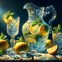 A still life of a crystal pitcher and glasses with lemons and mint