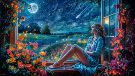 ðŸ’™ - beauty, girl, moon, natural, window