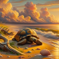 A turtle walks on the beach among shells