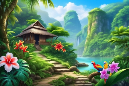 Beautiful big flowers and tropical tree - erdo, fak, hegyek, lepcsok, madarak, moha, nad kunyho, nagy viragok, palmafak, szines, tajkep, tropusi